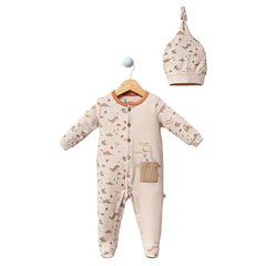 Grenouillère Dino 1 bonnet coton full beige