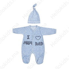 grenouillère Love Mum dad velours bébé garçon 1 bonnet - Bleu