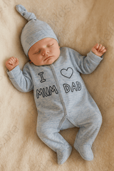 grenouillère Love Mum dad velours bébé garçon 1 bonnet - Bleu